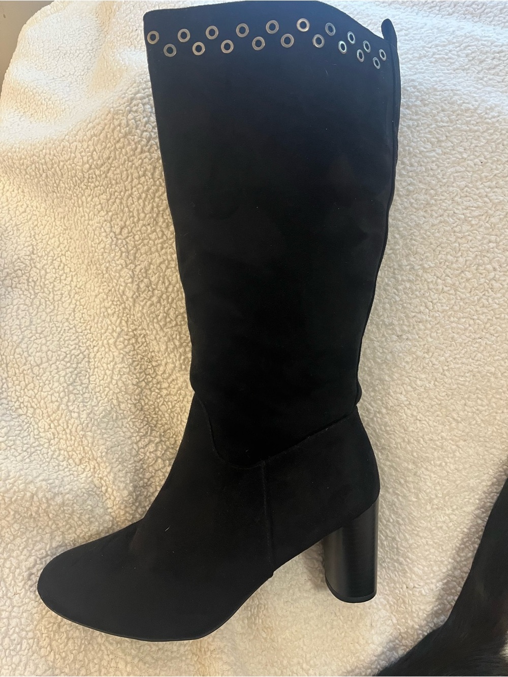 Andrew Geller Black suedelike Women's Knee-High Heeled Boot with Eyelet Trim